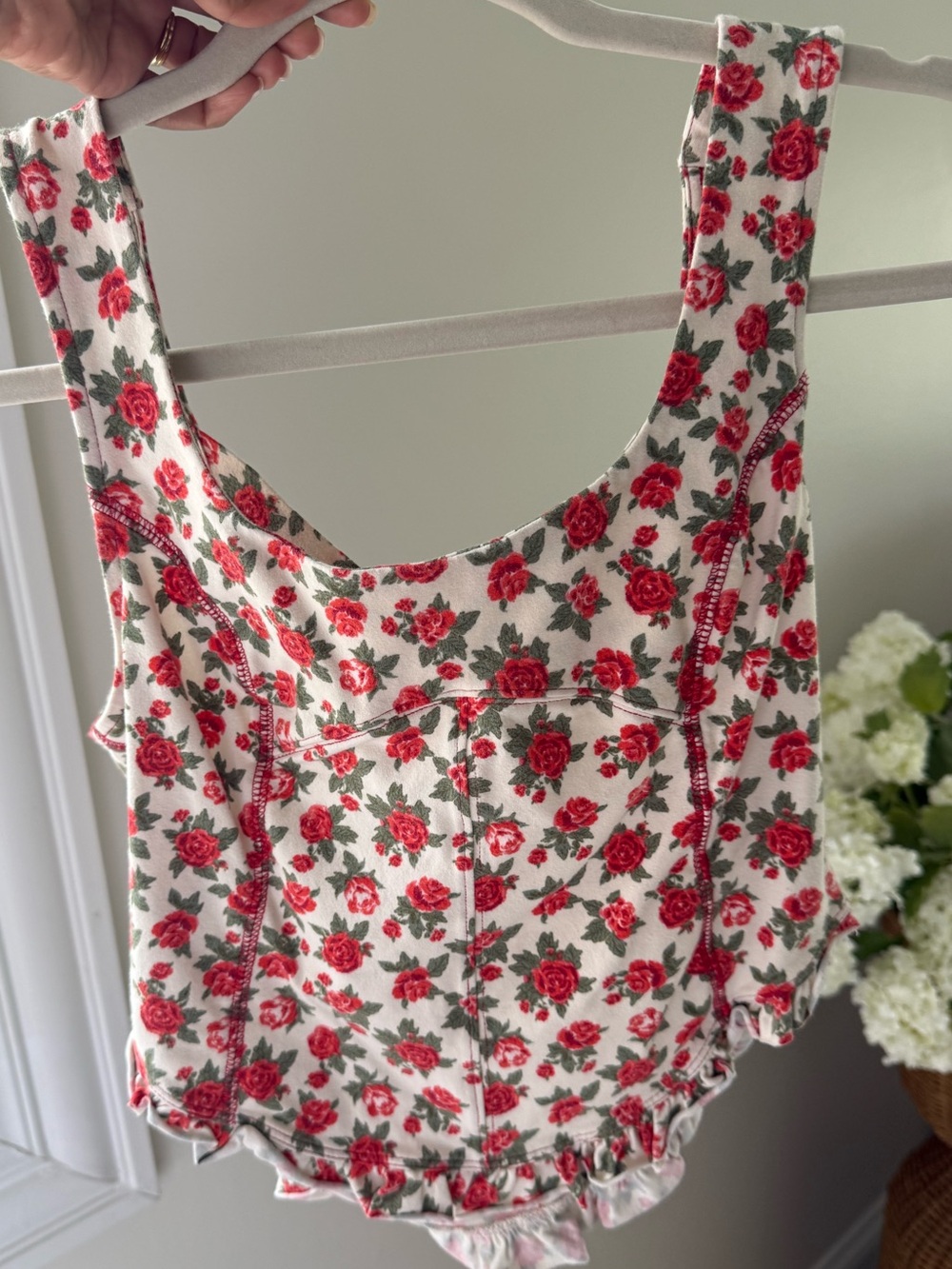 Free People Floral Rose Print Tank Top in White and Red